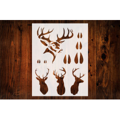 Hunting Buck Head & Tracks Rack Deer Stencil, Reusable & Sturdy, 8.5" x 11", Custom Wildlife Art Template