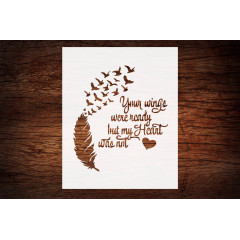 Reusable "Wings Ready, Heart Not" Stencil 8.5" x 11" - Custom Feather & Birds Design for Inspirational Crafts