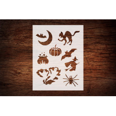 Reusable Halloween Theme Stencil 8.5" x 11" - Bat, Cat, Pumpkin, Witch Design for Spooky Crafts