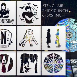 Halloween Stencil Kit (8-Pack) – Wednesday-Inspired Reusable Stencils for DIY Crafts, Wall Decor, Wooden Signs, Rock Painting – Large & Small Templates for Spooky Home and Party Decorations