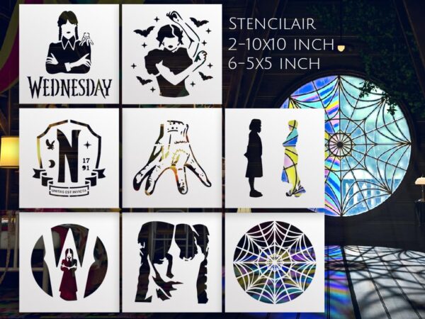 Halloween Stencil Kit (8-Pack) – Wednesday-Inspired Reusable Stencils for DIY Crafts, Wall Decor, Wooden Signs, Rock Painting – Large & Small Templates for Spooky Home and Party Decorations
