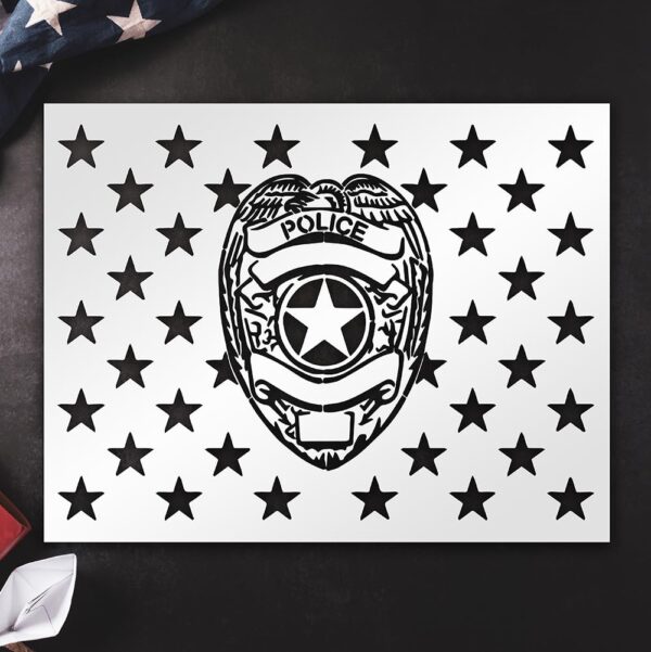 Police Badge & 50 Star Flag Stencil Template - Reusable - Multi-Surface Use for Wall Painting, Wood, Glass - Ideal for Scrapbooking, Graffiti, Arts & Crafts, DIY Projects