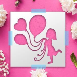 Girl with Balloons Stencil – Reusable Plastic Stencil for DIY Crafts, Card Making, Nursery Wall Art, Scrapbooking Painting Template