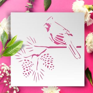 Cardinal on Pine Branch Stencil – Reusable Winter Bird Template with Pinecones for DIY Crafts, Rustic Holiday Decor, and Nature-Inspired Art