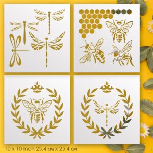 Bee and Dragonfly Stencil Set – 4 Reusable Nature Templates with Laurel Wreaths, Honeycomb & Crown Designs – DIY Painting Stencils for Farmhouse Decor, Crafts & Furniture
