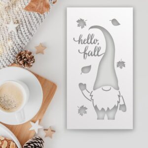 Hello Fall Gnome Stencil – Reusable Autumn Template with Leaves & Gnome for Painting on Wood, Porch Signs, Walls, Fabric & Seasonal DIY Crafts