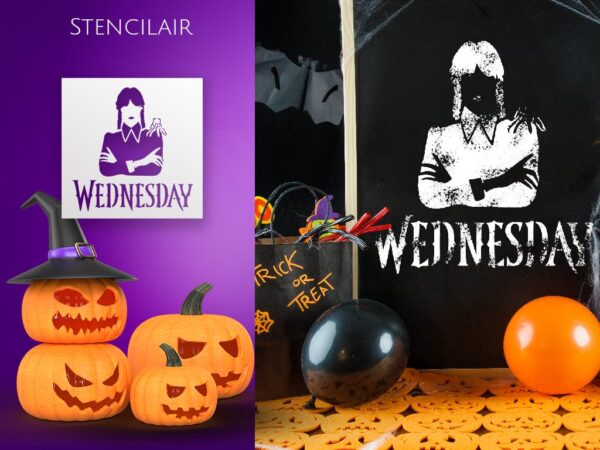 Halloween Stencil Kit (8-Pack) – Wednesday-Inspired Reusable Stencils for DIY Crafts, Wall Decor, Wooden Signs, Rock Painting – Large & Small Templates for Spooky Home and Party Decorations - Image 2