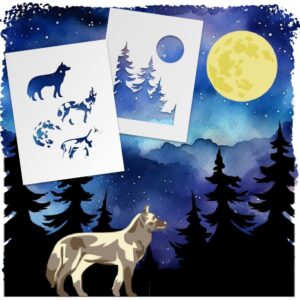 Howling Wolf Stencil Set of 2 – Reusable Forest and Moon Scene Templates for Painting, Crafts, DIY Wall Art, Wildlife Decor – Laser Cut Nature Animal Stencils