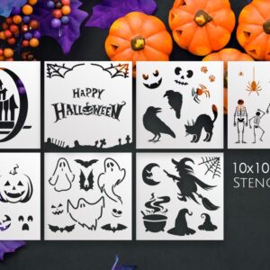 Happy Halloween Stencil Set (, 8-Pack) – Reusable Large Stencils for DIY Crafts, Pumpkin Carving, Wall & Wood Painting – Skeleton, Haunted House & Spooky Decor