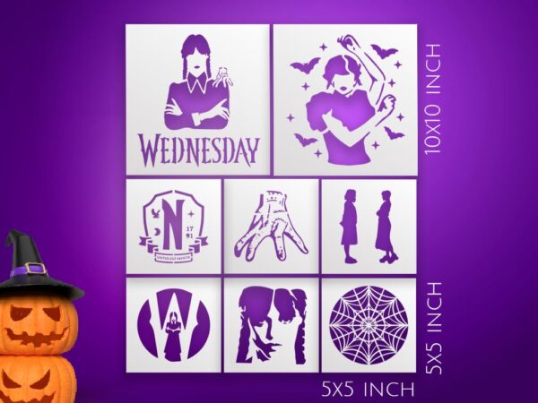 Halloween Stencil Kit (8-Pack) – Wednesday-Inspired Reusable Stencils for DIY Crafts, Wall Decor, Wooden Signs, Rock Painting – Large & Small Templates for Spooky Home and Party Decorations - Image 7