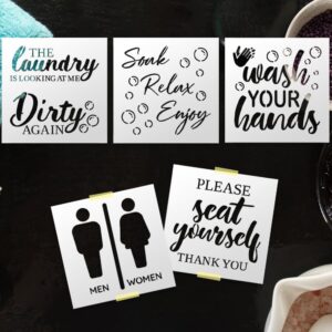 Bathroom and Laundry Stencil Set – 5 Reusable Quote & Icon Templates for DIY Wall Signs, Funny Farmhouse Decor, Washroom & Entryway Painting – Stencils