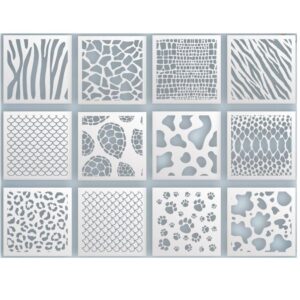 Animal Skin Texture Stencils 12 Set - Reusable Print Stencils - Zebra, Crocodile, Snake, Tortoise, Scales, Leopard, Giraffe, Cow, Paw Prints, Painting Stencil Template for Scrapbooking, Drawing