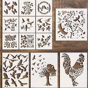 Bird & Butterfly Stencil Bundle – 5 Reusable Stencils with Birds on Branch, Rooster, Country Tree & Butterflies – Painting Templates for Walls, Wood, Fabric & Crafts – Sizes to