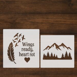 Wings & Mountains Stencil Set – 2 Reusable Nature-Themed Stencils for Painting on Wood, Canvas & More – Birds, Feathers, Mountain Landscape Templates