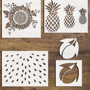 4-in-1 Fruit & Floral Stencil Set – Reusable Templates for DIY Painting on Walls, Wood, Fabric, and Crafts – Watermelon, Sunflower, Peach, and Pineapple Designs