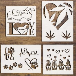 Love & Pet-Themed Stencil Bundle – Includes Heart Pot Leaf, Gnomes, Paw Print, & Dachshund Stencils – Reusable Templates for DIY Painting on Wood, Walls, Glass & Crafts – to