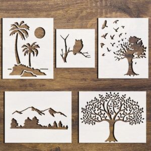 Nature & Tree Stencil Bundle – Owl, Tree of Life, Birds in Tree, Mountains, & Palm Tree Stencils – Reusable Templates for DIY Crafts, Painting, & Wall Decor – 4-Inch to