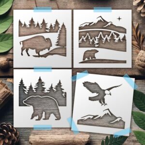 Buffalo Wildlife Mountain Stencil Set – 4 Reusable Nature Scene Templates with Bear, Bison, Eagle & Forest Designs Rustic DIY Painting Stencils for Crafts, Wood Signs, Wall Art