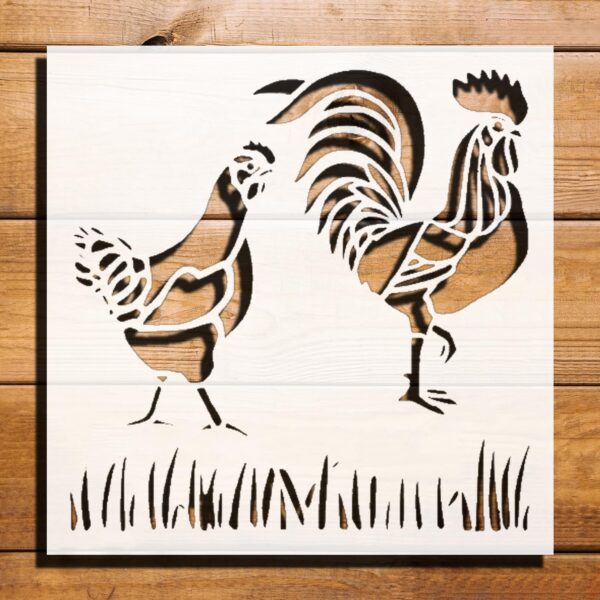 Rooster Hen Chickens Grass Stencil for Painting, Plastic Reusable 5.5" L x 5.5" W – Perfect for Farm-Themed DIY Projects, Painting, and Crafting