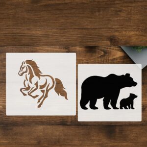 Running Horse & Mother Bear with Cub Stencil Set – 2 Reusable Stencils for Painting on Wood, Walls & Fabric – Animal Silhouettes for DIY Crafts