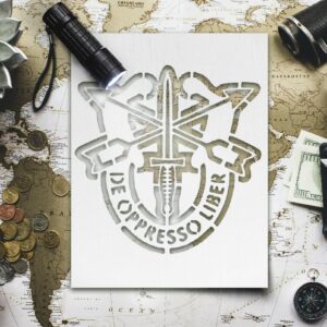 Special Forces “De Oppresso Liber” Stencil – Reusable Military Template with Dagger & Arrows Crest – DIY Tactical Crafts, Veteran Art, and Patriotic Decor
