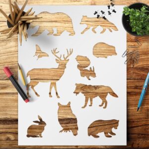 Wild Animals Stencil – Bear, Owl & Fox – Reusable Stencil for Painting on Walls, Wood, Glass & DIY Crafts