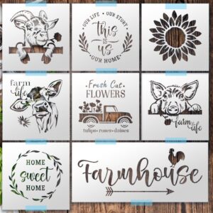 Farmhouse Stencil Set – 8-Piece DIY Rustic Craft Kit with Reusable Farm-Themed Templates for Painting, Wood Signs, and Country Home Decor