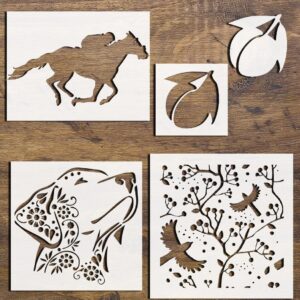 4-in-1 Reusable Stencil Set – Dog, Bird, Horse, and Peach Designs for Painting on Wood, Walls, Canvas, & DIY Crafts – Flexible Plastic Templates in Multiple Sizes