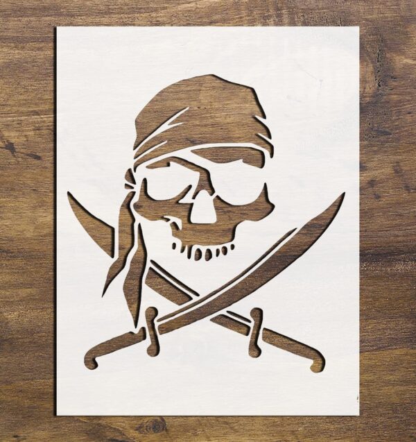Pirate Skull Stencil – Reusable Jolly Roger Template with Crossed Swords for DIY Halloween Decor, Nautical Crafts, Party Signs & Pirate Cosplay