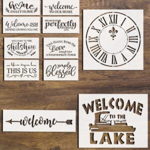 Welcome & Clock Stencil Bundle – Large Roman Numerals Clock Stencil + 8 Seasonal Welcome Stencils for DIY Painting on Wood, Signs, and Lakehouse Decor – Reusable Templates