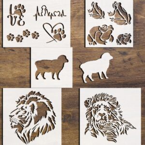5-in-1 Animal Stencil Set – Reusable Templates for DIY Painting on Walls, Wood, Glass, and Crafts – Sheep, Pet Love, Frog, and Lion Designs