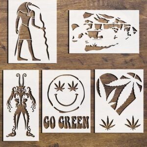 5-in-1 Reusable Stencil Set – Demon, Bear Scene, Egyptian God Thoth, Heart Leaf, and Smiley Emoji Stencils for DIY Painting on Wood, Walls, Glass, and Crafts