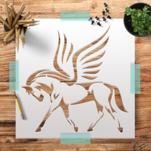 Pegasus Winged Horse Stencil - Versatile Reusable Plastic Template for Scrapbooking, Wood Painting, & DIY Crafts, Mythical Creature Design, Easy to Clean, 5,,es