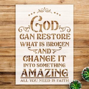 God can Restore What is Broken Stencil for Walls and Crafts, Inspirational Faith Design, Perfect for Home Decor and DIY Projects - Size A2 ()