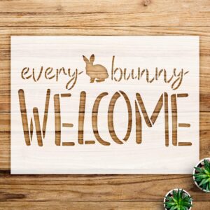Bunny Welcome Stencil for Walls and Crafts, Reusable Mylar Template, Cursive Spring Home Decor and Easter Script Word Art - Size A4 ()