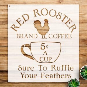 Coffee Sign Stencil Pattern for Walls and Crafts, Vintage red Rooster Design, Reusable Mylar Template, Ideal for Home Decor and Creative Projects - Size A4 ()