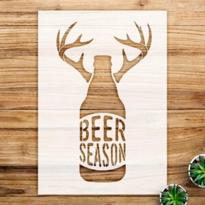 Beer Season Stencil Pattern for Walls and Crafts, Reusable Mylar Template with Bottle and Antlers Design, Ideal for Country Hunting Home Decor and Man cave Projects - Size A2 ()