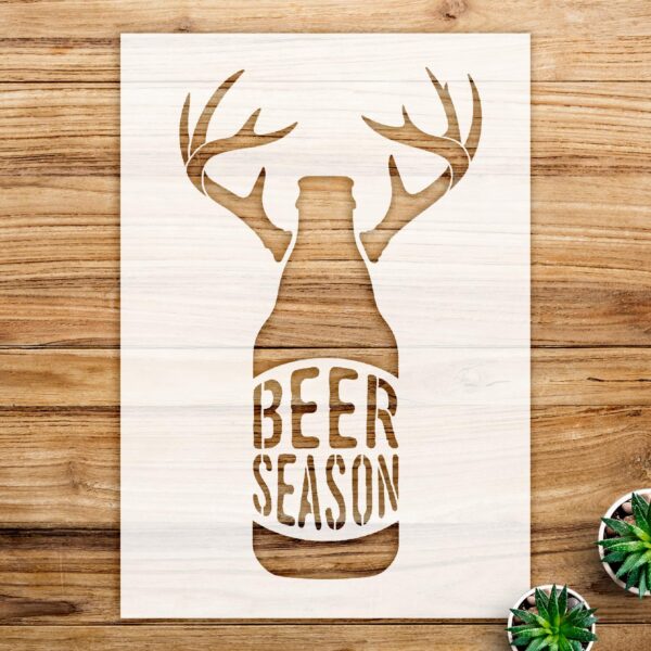 Beer Season Stencil Pattern for Walls and Crafts, Reusable Mylar Template with Bottle and Antlers Design, Ideal for Country Hunting Home Decor and Man cave Projects - Size A4 ()