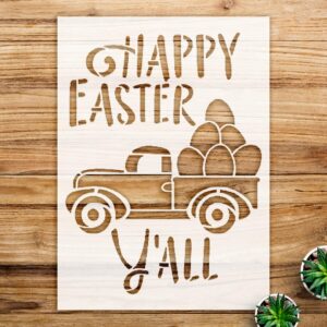 Happy Easter Y'all Stencil Pattern for Wood and Fabric, Vintage Truck Design, Ideal for DIY Country Spring Home Decor and Craft Painting Projects - Size A3 ()