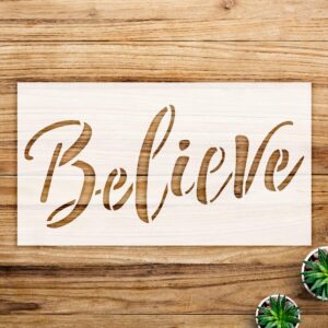 Believe Script Stencil for Wood and Wall Art, Reusable Mylar Template, Rustic Farmhouse Design for Winter Holiday and Christmas Decor - Size A2 ()