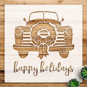 Happy Holidays Stencil Pattern for Walls and Crafts, Reusable Mylar Template, Cursive Script Design with Truck and Wreath Bow, Ideal for Festive Home Decor and Art Projects - Size A4 ()