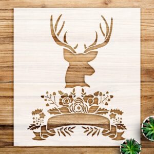 Deer with Flowers Antlers Stencil for Walls and Crafts, Reusable Mylar Template, Rustic Boho Decor for Weddings and Home Projects - Size A4 ()