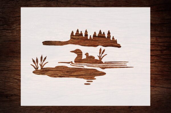 Loon Lake Scene Stencil – Reusable Nature Template for Painting on Wood, Canvas, Fabric, Walls, and Rustic Cabin Décor Projects