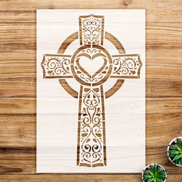 Celtic Cross Stencil Pattern with Heart for Walls and Crafts, Reusable Mylar Template, Ideal for Christian Wall Art and DIY Home Decor Projects - Size A4 ()
