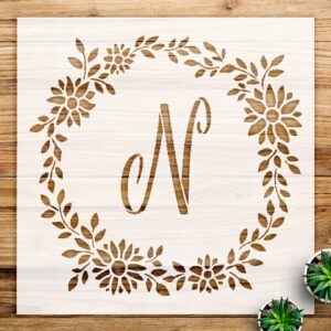 Daisy Script Monogram Stencil with Wreath for Wood and Home Decor, Reusable Mylar Template, Ideal for DIY Bohemian Craft Projects - Size A1 ()