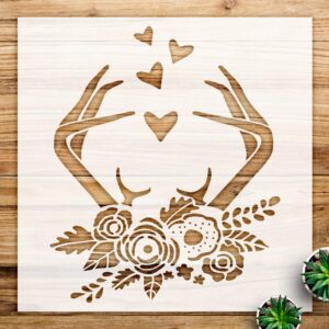 Antlers and Hearts Stencil Pattern for Walls and Crafts, Reusable Mylar Template, Floral Design, Ideal for Boho Wedding Decor and Rustic Home Accents - Size A3 ()