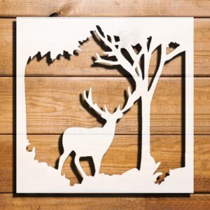 Deer Forest Trees Stencil for Painting, Plastic Reusable 5.5x5.5 inch – Ideal for DIY Crafts