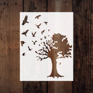 Tree with Flying Birds Stencil – Reusable Nature Silhouette Template for DIY Wall Art, Wood Signs, Memorial Projects & Inspirational Decor