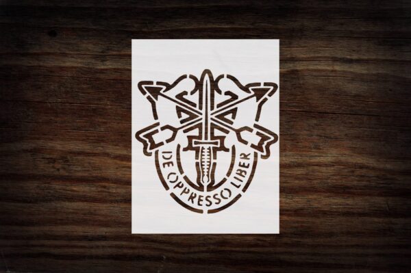 Generic Army Special Forces Crest Military Stencil, Reusable Template, 8.5"" x 11"", Durable Plastic for Patriotic Crafts, White