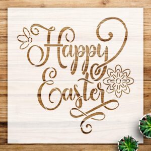 Happy Easter Script Stencil with Floral Design for DIY Spring Home Decor, Craft Projects, and Painting on Wood and Walls - Size A4 ()